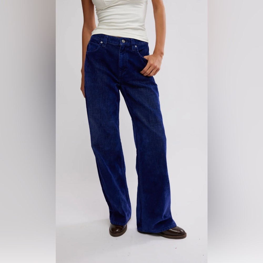 Free People We The Free Flocked Tinsley Baggy High Rise Jeans in Twilight Blue